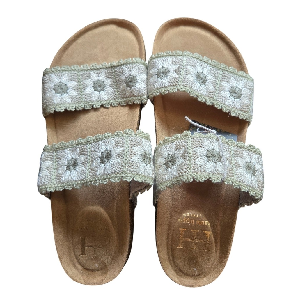 Haute Hippie Slides Womens 10 Sage New Crochet Floral Boho Cork Sandals